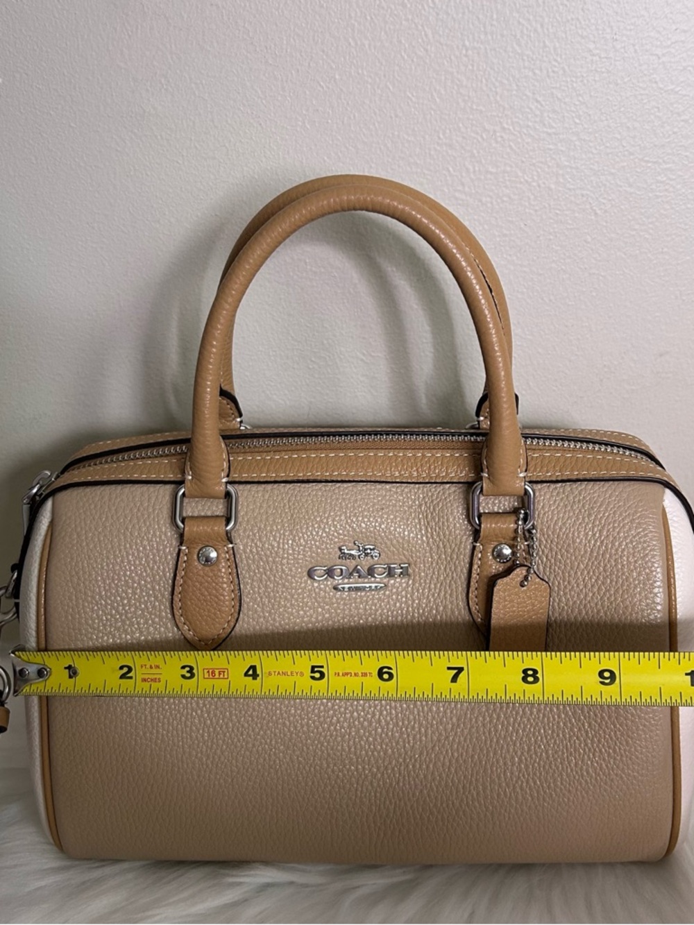 Coach Rowan Satchel Taupe Chalk White Pebbled Leather Bag Excellent - Picture 11 of 13